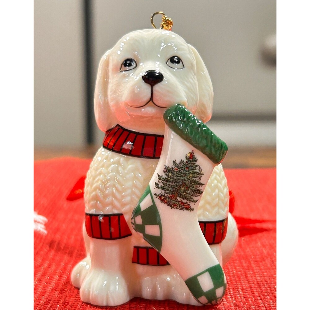 Spode Christmas Tree Puppy with Stocking Ornament 2.5" High New
